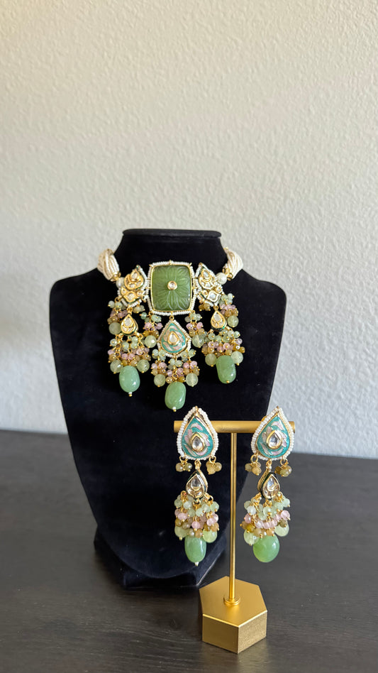 Green Beaded Kundan Choker Set